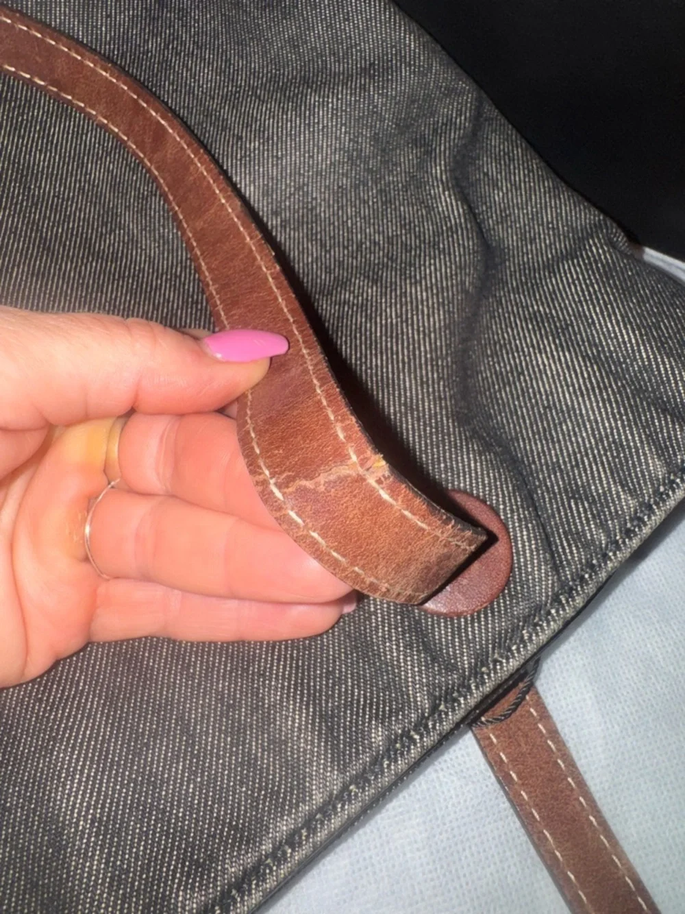 CHANEL Dark Gray Denim Tote with Brown Leather Straps - Picture 13 of 16